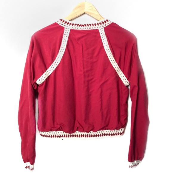 Free People Cherry Red Crochet Bomber Jacket - Picture 4 of 8